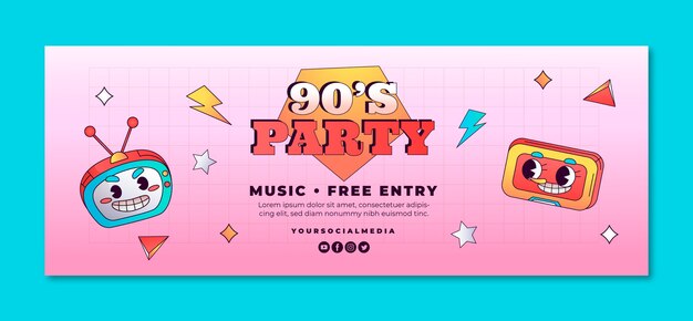 Gradient cartoon 90s party social media cover template
