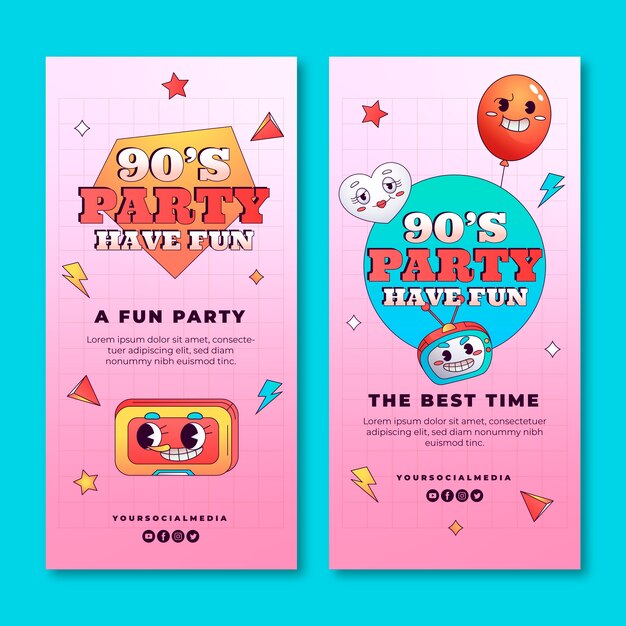 Gradient cartoon 90s party vertical banners pack