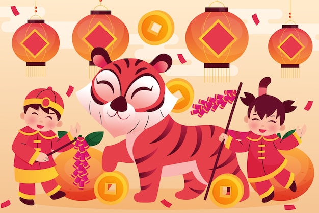 Gradient chinese new year lion dance illustration