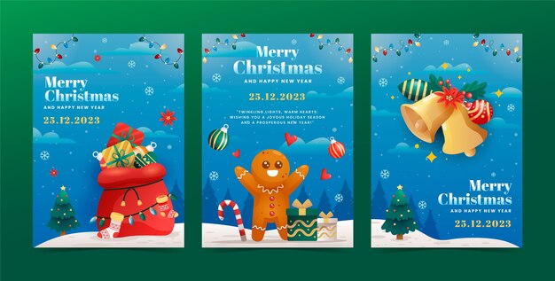 Градиентная рождественская коллекция поздравительных открыток пряничный человечек и колокольчики