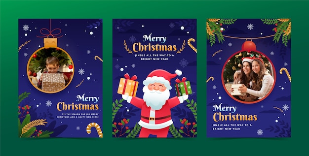 Gradient christmas season greeting cards collection with santa and baubles