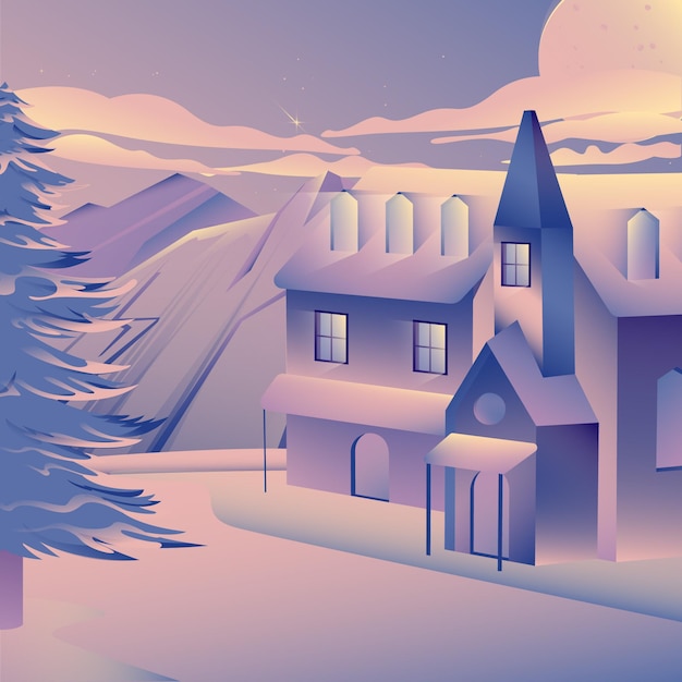 グラデーションクリスマス村のイラスト