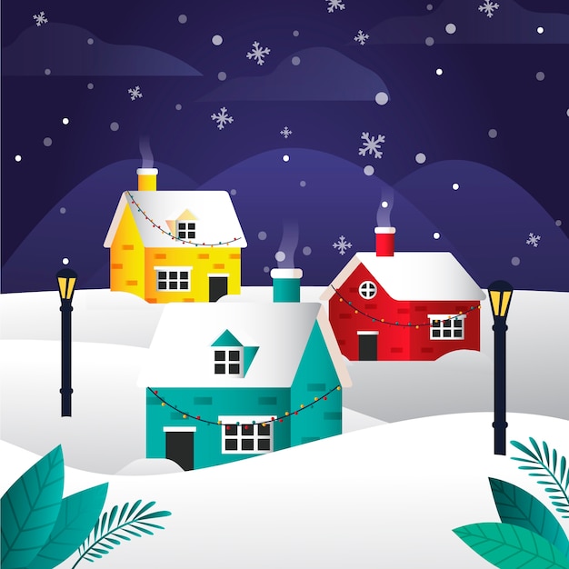 Gradient christmas village illustration