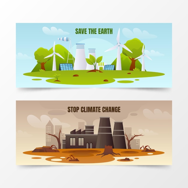 Gradient climate change horizontal banners set