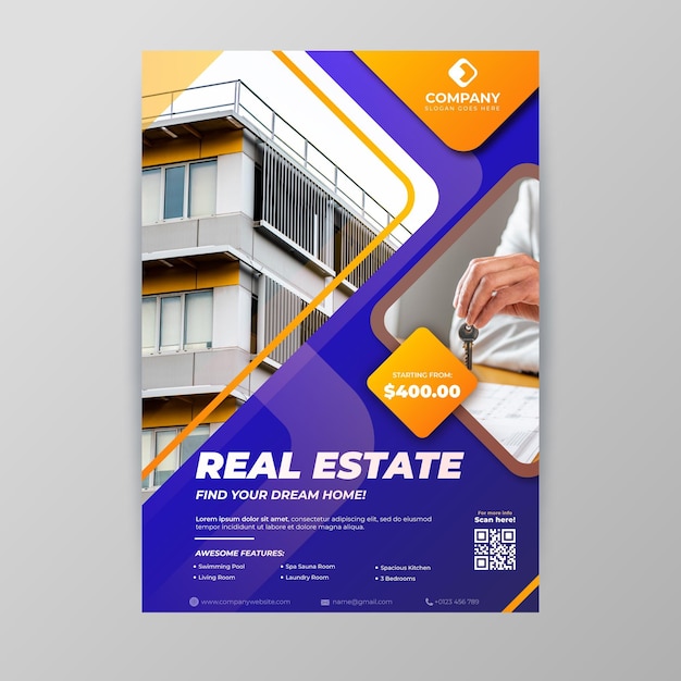 Free vector gradient colored real estate poster with photo