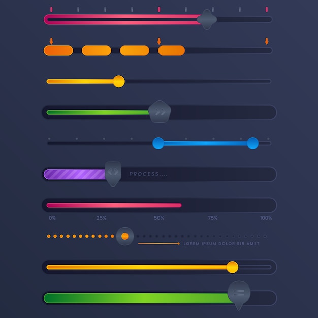 Коллекция слайдеров пользовательского интерфейса градиентного цвета