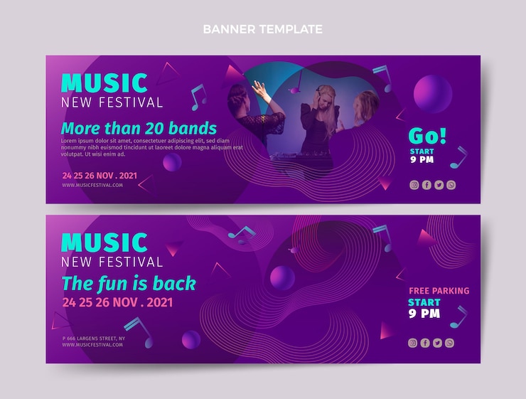 Free Vector gradient colorful music festival horizontal banners set
