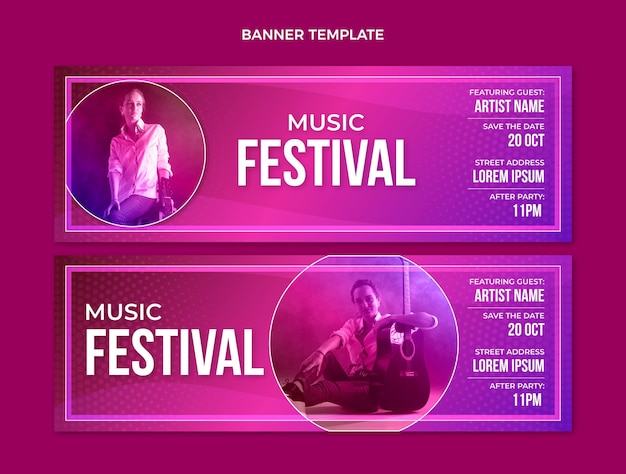 Gradient colorful music festival horizontal banners
