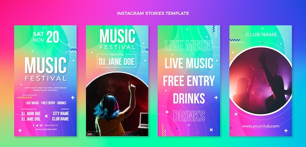 Vettore gratuito storie di instagram del festival musicale colorato sfumato