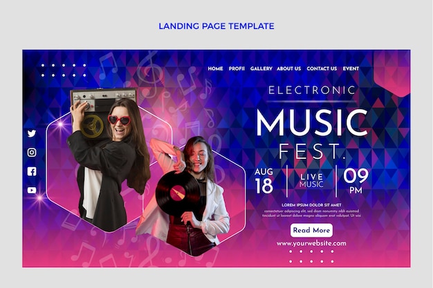 Gradient colorful music festival landing page template