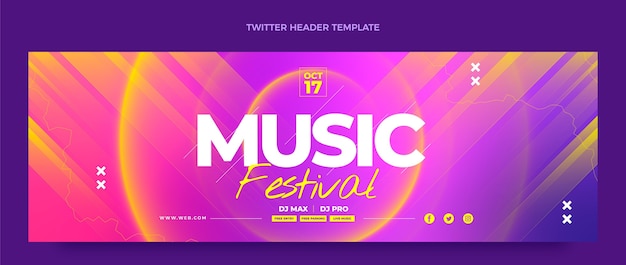 Vettore gratuito intestazione twitter del festival musicale colorato sfumato