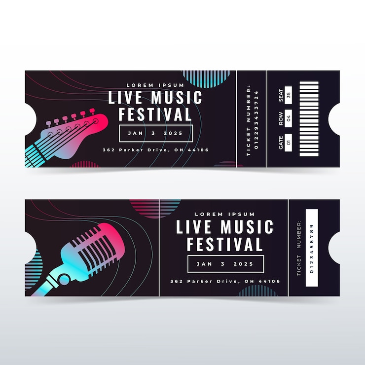 무료 Vector 그라디언트 콘서트 티켓 템플릿