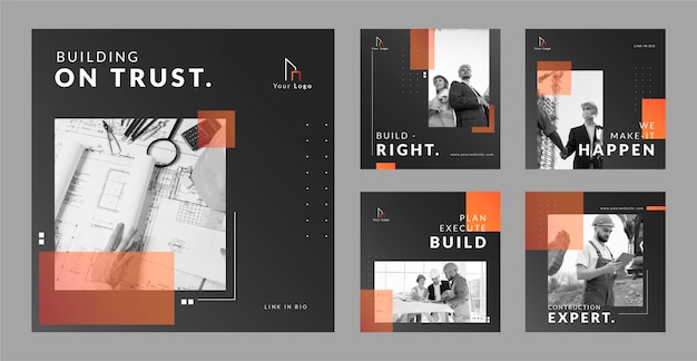 Vettore gratuito collezione di post instagram di costruzione gradiente