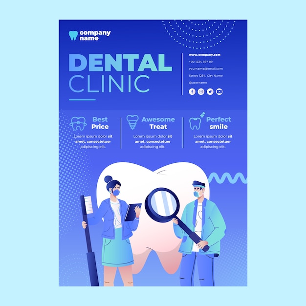 Vettore gratuito modello di poster di progettazione clinica dentale gradiente