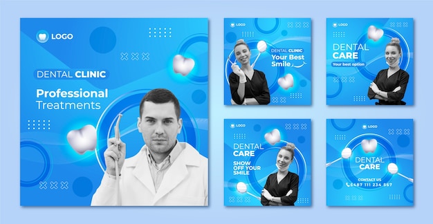 Free vector gradient dental clinic instagram posts collection