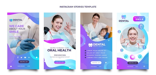 Vettore gratuito modello di storie di instagram della clinica dentale gradiente