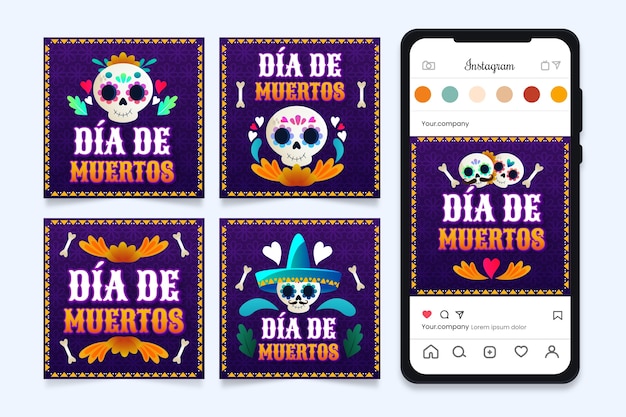 Vettore gratuito gradient dia de muertos celebrazione della raccolta di post instagram