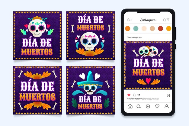 Gradient dia de muertos celebration instagram posts collection