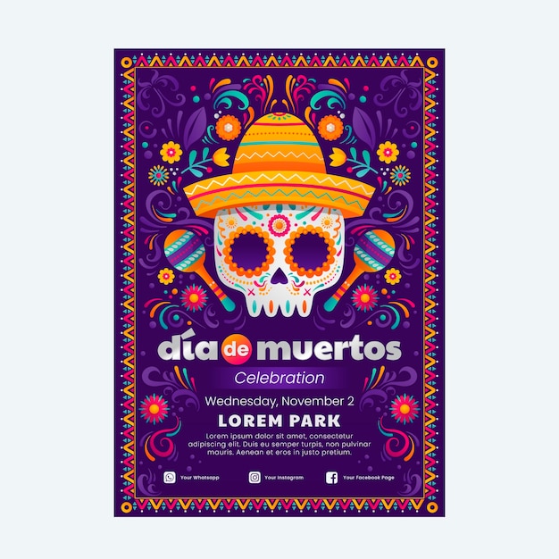 Gradient dia de muertos 축하 수직 포스터 템플릿