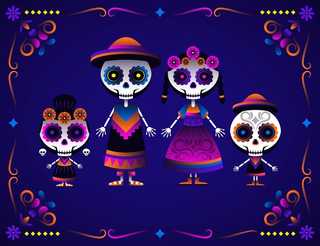 グラデーション dia de muertos キャラクター要素コレクション