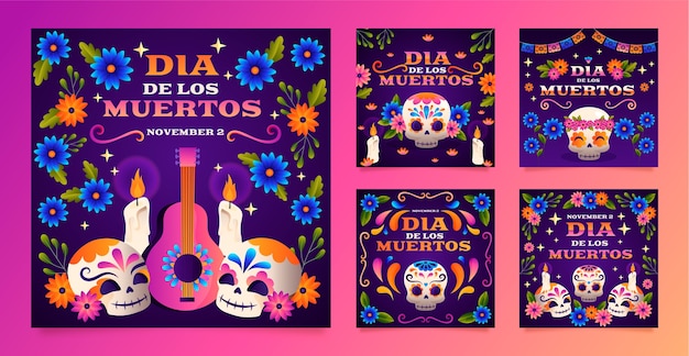 Free vector gradient dia de muertos instagram posts collection