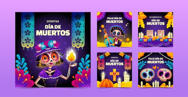 Gradient dia de muertos instagram posts collection