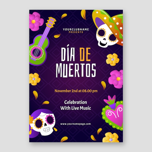 Gradient dia de muertos vertical poster template