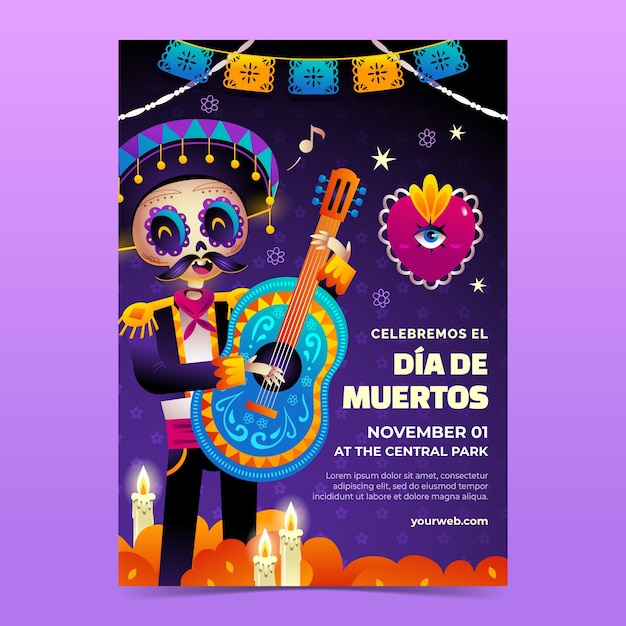 Vettore gratuito modello di poster verticale dia de muertos sfumato