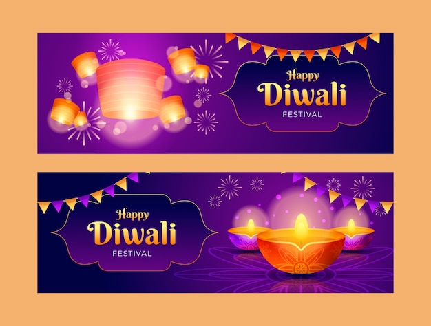 Gradient diwali festival horizontal banners set