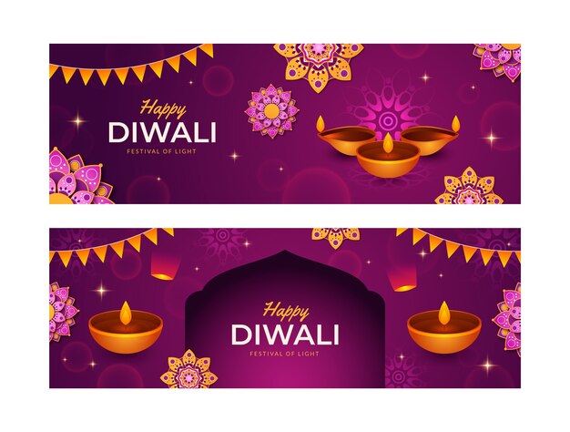 Gradient diwali horizontal banners set