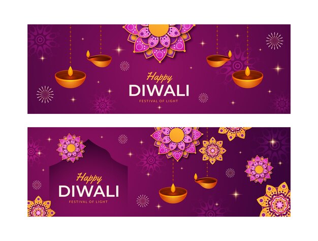 Gradient diwali horizontal banners set