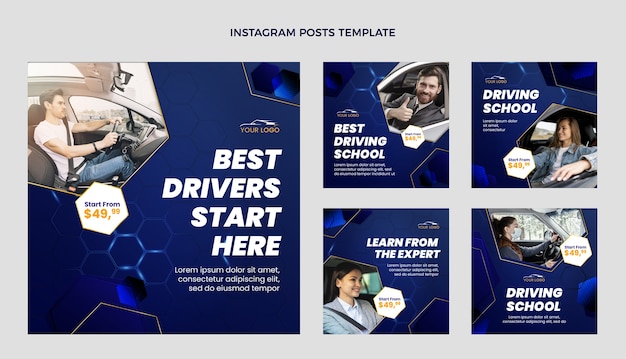 Free vector gradient driving school instagram posts collection