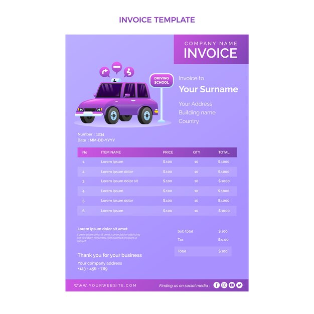 Gradient driving school invoice template