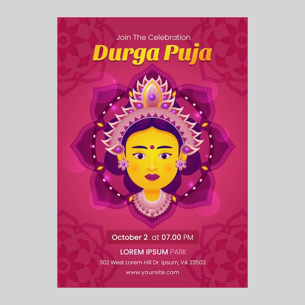 무료 벡터 그라데이션 durga puja 세로 전단지 템플릿