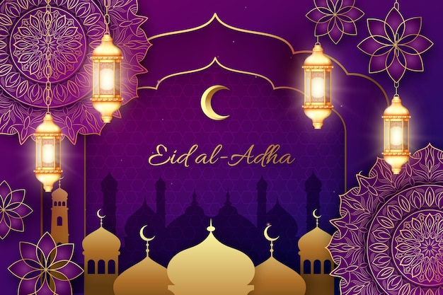 Gradient eid al-adha background with lanterns