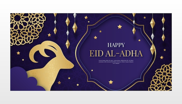 Free vector gradient eid al-adha horizontal banner template with lanterns and ram