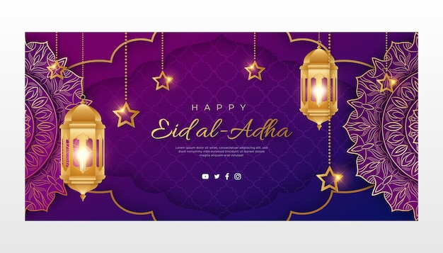 Gradient eid al-adha horizontal banner template with lanterns