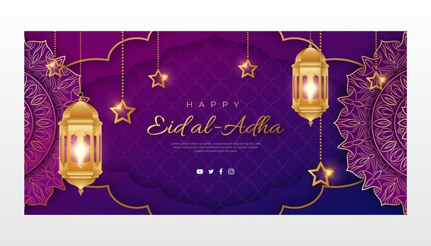 등불이 있는 그라데이션 eid al-adha 가로 배너 템플릿