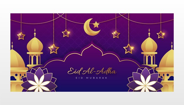 별과 꽃이 있는 그라데이션 eid al-adha 가로 배너 템플릿