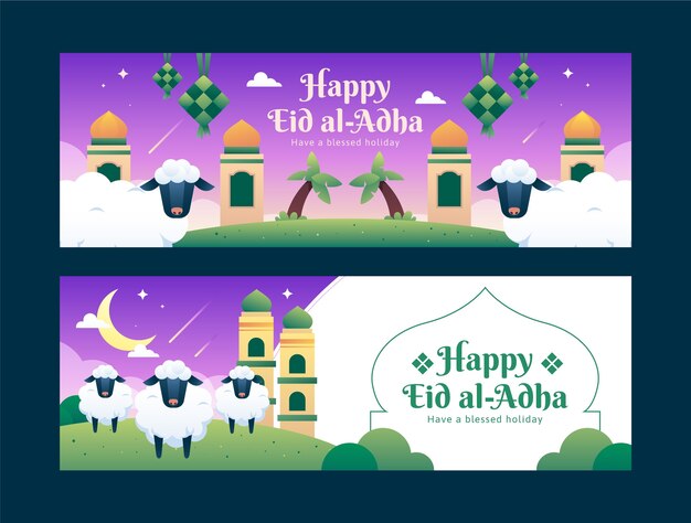 Gradient eid al-adha horizontal banners set with sheep