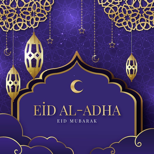 Vettore gratuito gradiente eid al-adha illustrazione con lanterne