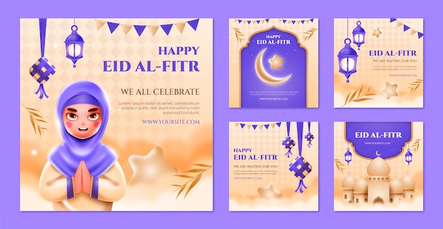 Free vector gradient eid al-fitr instagram posts collection