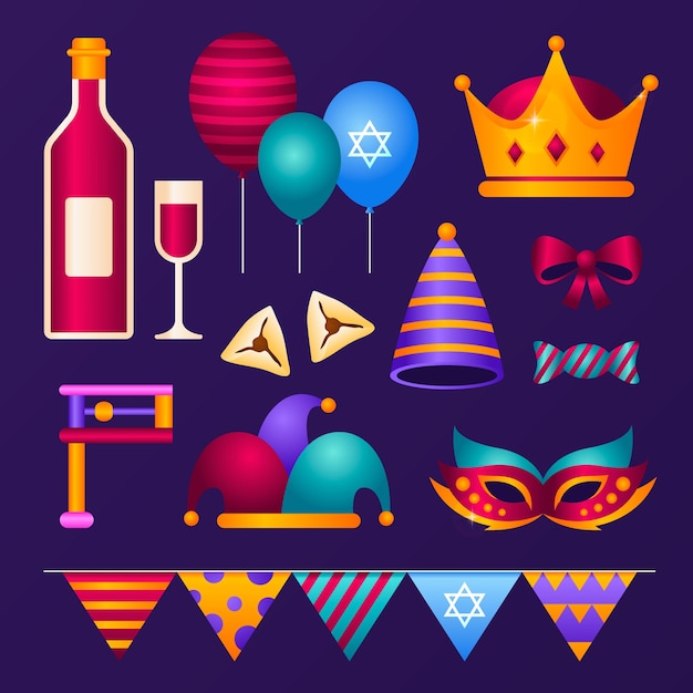 Free vector gradient elements collection for purim holiday celebration