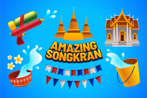 Vettore gratuito collezione di elementi sfumati per la celebrazione del festival dell'acqua songkran