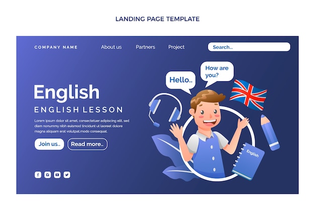 Free vector gradient english lessons landing page