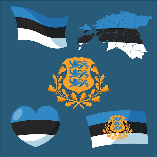 Gradient estonia flag and national emblems set