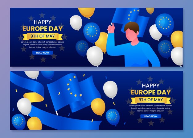 Gradient europe day horizontal banners pack