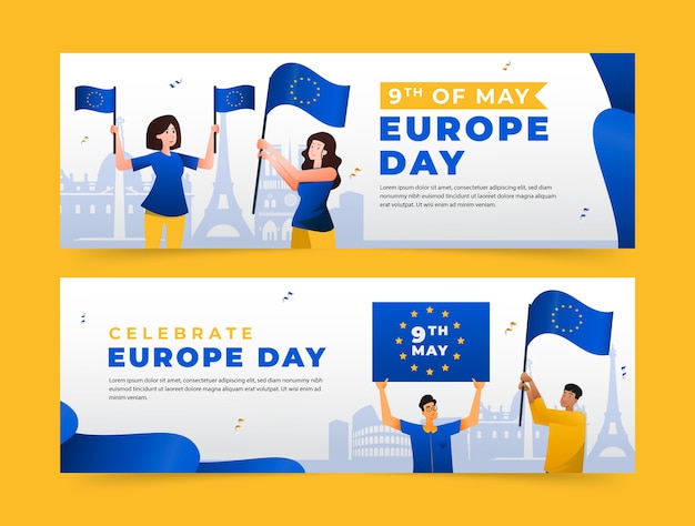 Gradient europe day horizontal banners pack