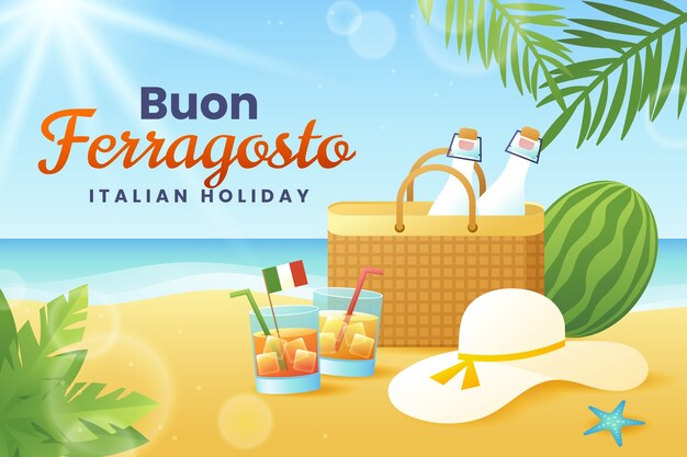 Gradient ferragosto background with beach basket and cocktails