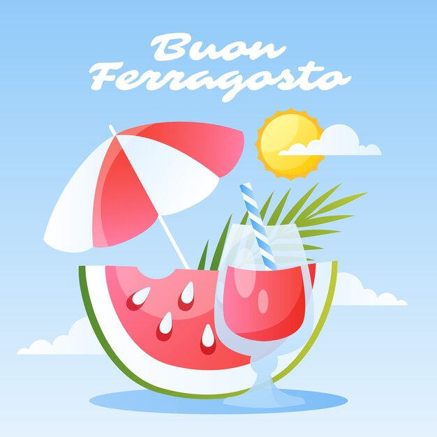 Gradient ferragosto illustration with watermelon slice and cocktail
